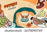 Pottery, workshop, ceramics, studio, collage. Hand drawn line vector illustration. 