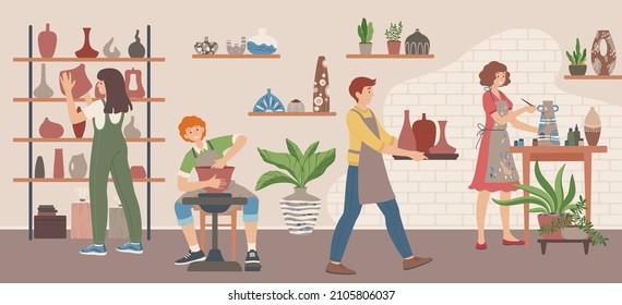 Pottery workshop, character making clay pot on wheel. Potter painting on vase, handcrafted ceramics, creative pottery hobby vector illustration. Man and woman having craft lessons in studio