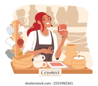 Pottery workshop with craft handmade ceramics small business advertising and promotion scene. Happy woman seller character announcing master class and inviting to buy clay crockery vector illustration