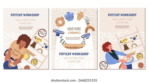 Cerámica, taller, volante de cerámica, juego de tarjetas, en diseño plano. Personas en el proceso creativo. Ilustración vectorial dibujada a mano. 