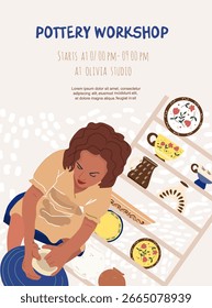 Cerámica, taller, volante ctramics en diseño plano, Ilustración vectorial dibujada a mano.