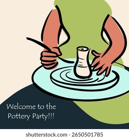 Pottery workshop flyer concept, card, invitation, pottery party. Hand drawn flat, line, abstract vector illustration. 
