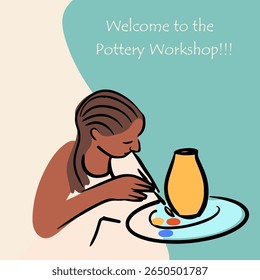 Pottery workshop flyer concept, card, invitation, pottery party. Hand drawn flat, line, abstract vector illustration. 

