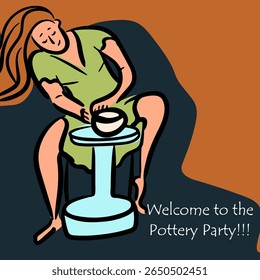 Pottery workshop flyer concept, card, invitation, pottery party. Hand drawn flat, line, abstract vector illustration. 
