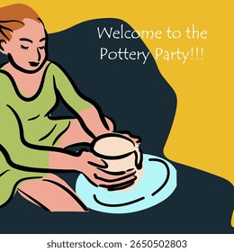 Pottery workshop flyer concept, card, invitation, pottery party. Hand drawn flat, line, abstract vector illustration. 

