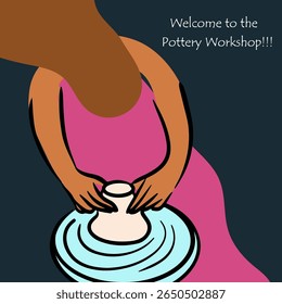 Pottery workshop flyer concept, card, invitation, pottery party. Hand drawn flat, line, abstract vector illustration. 
