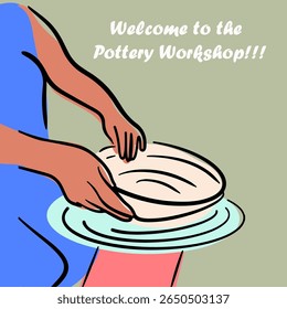 Pottery workshop flyer concept, card, invitation, pottery party. Hand drawn flat, line, abstract vector illustration. 
