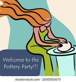 Pottery workshop flyer concept, card, invitation, pottery party. Hand drawn flat, line, abstract vector illustration. 
