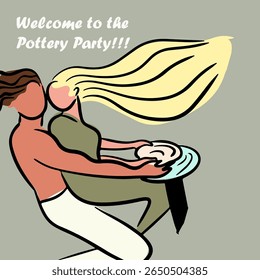 Pottery workshop flyer concept, card, invitation, pottery party. Hand drawn flat, line, abstract vector illustration. 

