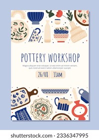 Pottery workshop flyer concept. Dishware with traditional patterns. Different kitchen utensil with floral ornaments. Vase and bowl. Booklet, leaflet and cover. Cartoon flat vector illustration