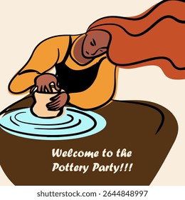 Pottery workshop flyer concept, invitation, pottery party. Hand drawn flat vector illustration 
