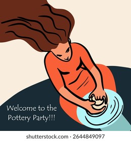 Pottery workshop flyer concept, invitation, pottery party. Hand drawn flat vector illustration 
