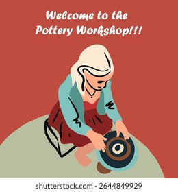 Pottery workshop flyer concept, invitation, pottery party. Hand drawn flat vector illustration 
