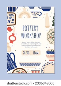 Pottery workshop flyer concept. Kitchen utensil with traditional patterns. Teapot, plate and bowl with candlestick. Advertising, marketing and commerce. Cartoon flat vector illustration