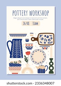 Pottery workshop flyer concept. Kitchen utensil and dishware with traditional patterns. Teapot, plate and bowl, cutting board. Template, layout and mock up. Cartoon flat vector illustration