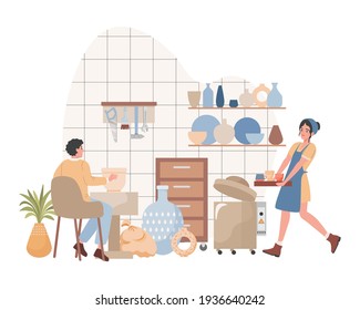 Pottery workshop interior vector flat design. Man making clay vase on wheel, woman carrying tray with clay mugs and cups. Handmade utensils, tableware for home decoration, handcraft hobby.