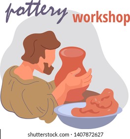 Pottery workshop invitation with ceramicist making clay crockery at a potter's wheel in a ceramic workshop flat vector illustration isolated on white background. Master classes and craft shops.