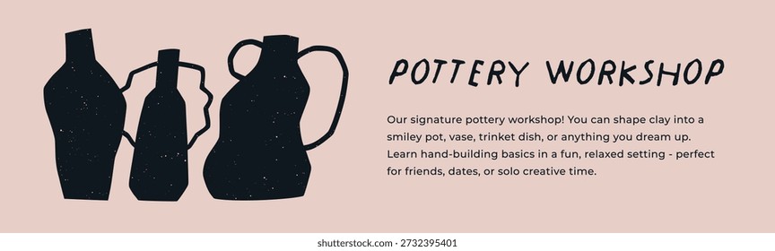 Oficina de cerâmica, design de banner longo da web. Silhuetas de vaso de cerâmica em estilo moderno, classe de cerâmica. Modelo de fundo horizontal largo para artesanato, grés. Ilustração de vetor plano