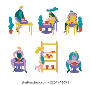 Pottery Workshop with Man and Woman Ceramist Forming Vessel of Clay and Ceramic Material Vector Set