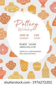 Pottery Workshop Poster Template. Hand Painted Crockery. Clay Vases In Rustic Style. Traditional Painting And Modeling Pottery Master Class. Vector Illustration For Workroom Poster, Banner, Flyer