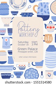 Pottery Workshop Poster Vector Template. Hand Painted Crockery. Clay Utensil In Rustic Style. Traditional Painting Dishes Master Class. Workroom Advertising Flyer, Leaflet Design Idea.