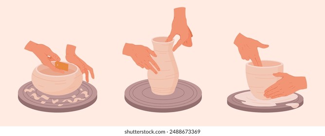 Pottery workshop. Potters hands making pots on potter's wheel flat vector illustration set. Ceramic studio potters modeling clay vases