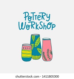 Pottery workshop. Producing handmade ceramics & clay items. Hand-drawn illustration. 