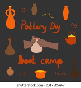 Pottery workshop set. Collection of hand drawn sketches templates patterns of craftsman artist making pot . Creative occupation production handmade ceramics clay items.flat vector illustration 