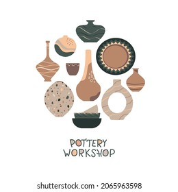 Pottery workshop. Set of colorful ceramic dishes. Vector Illustration