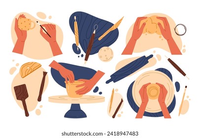 Pottery workshop set. Various tools for sculpting pottery. Equipment for pottery and ceramic clay. Handmade and hobby. Vector illustration in cartoon style. Isolated on white background