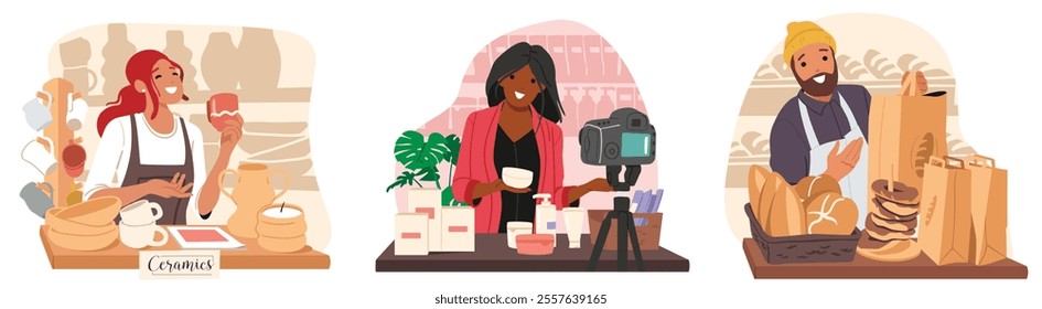 Pottery workshop, skin and body care beauty cosmetics store, bakery house small business promotion scene. Man woman vendors showcasing goods providing professional retail service vector illustration