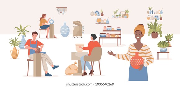 Pottery workshop vector flat illustration. Happy smiling people making modern ceramics, tableware, decorating pots and clay vases at pottery lessons. Men and women enjoying their hobby.