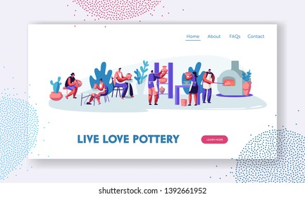 Pottery Workshop Website Landing Page. Characters Making and Decorating Pots, Earthenware, Ceramic Crockery, Group of People Enjoying Their Hobby Web Page. Cartoon Flat Vector Illustration, Banner