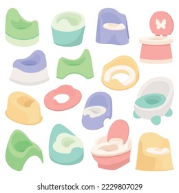 Potty chair for children flat icons set. Different variations of toilets for kids. Lavatory room for girls and boys. Color isolated illustrations