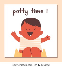 Potty Zeit Vektor Poster. Cartoon niedliche Baby-Junge sitzen auf dem Töpfchen und Spaß haben. Kleinkind lernt, Töpfchen zu benutzen. Hygiene für Kinder im ersten Jahr. Bildungskarte für die Säuglingsgesundheit