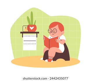 Concepto de entrenamiento para el baño: niño con gafas sentado en el orinal de la cámara con un libro. Carácter plano del vector en el fondo del lavadero, perfecto para la colección aislada de la etiqueta engomada.