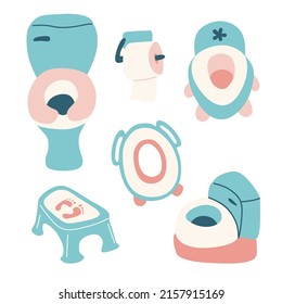 Potty training concept. Toddler toilet items - potty, step, ladder, toilet seat, paper roll. Vector hand drawn elements.