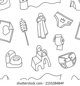 Potty training seamless pattern. Vector doodle background with baby toilet items, potty, diapers, toilet paper, ladder and pants. 