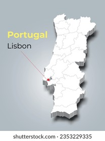 Potugal 3d map with borders of regions and it’s capital