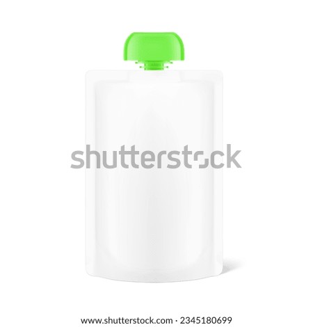 Pouch up bag with child-friendly cap mockup. Front view. Vector illustration isolated on white background. Can be use for template your design, presentation, promo, ad. EPS10.	