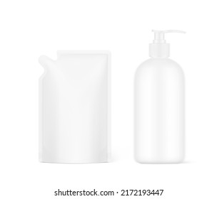 Pouch bag with dispenser bottle  mockup. Vector illustration isolated on white background. Perfect for final pack shot. Can be use for refilling soap, liquids and other. EPS10.	