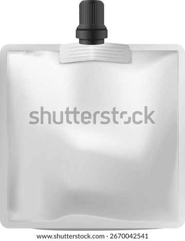 Pouch up bag mockup with black spout lid. Vector illustration of 3D doy-pack foil food or drink products flexible bag packaging square shape. Realistic template for presentation, promo design