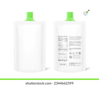 Pouch up bag mockup with center spout. Front and rear view. Vector illustration isolated on white background. Can be use for template your design, presentation, promo, ad. EPS10.	 svg
