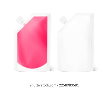 Pouch bag mockup with corner spout. Vector illustration isolated on white background. Front view. Can be use for template your design, presentation, promo, ad. EPS10.	