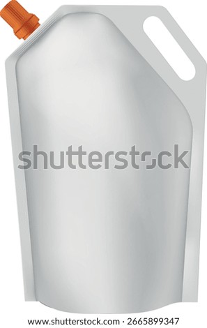 Pouch up bag mockup with orange spout lid on the corner and handle. Vector illustration 3D foil doy-pack food or drink products flexible bag package. Realistic template for presentation, promo design