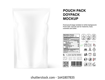 Pouch bag mockup with product information isolated on white background. Vector illustration. Front view. Can be use for template your design, presentation, promo, ad. EPS10.	