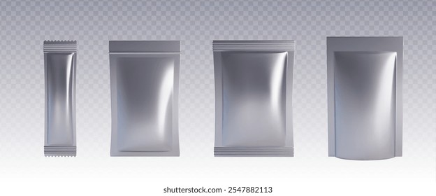 Pouch bag mockup set in silver metallic color on transparent background. Various shapes and sizes of blank packaging templates for food, cosmetic products and brand identity design presentations.