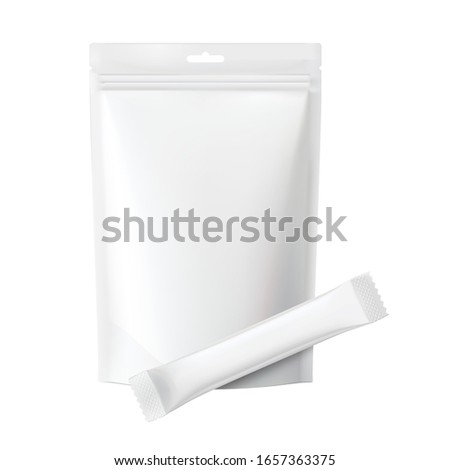 Pouch bag mockup with stick pack  isolated on white background. Vector illustration. Front view. Can be use for template your design, presentation, promo, ad. EPS10.	