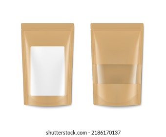 Pouch bag mockup with white label and transparent window. Vector illustration isolated on white background . Easy use for your design, presentation, promo, ad. EPS10.	