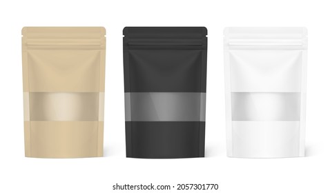 Pouch bag mockups with ziplock and transparent window mockup isolated on white background. Vector illustration. Front view. Can be use for template your design, presentation, promo, ad. EPS10.	